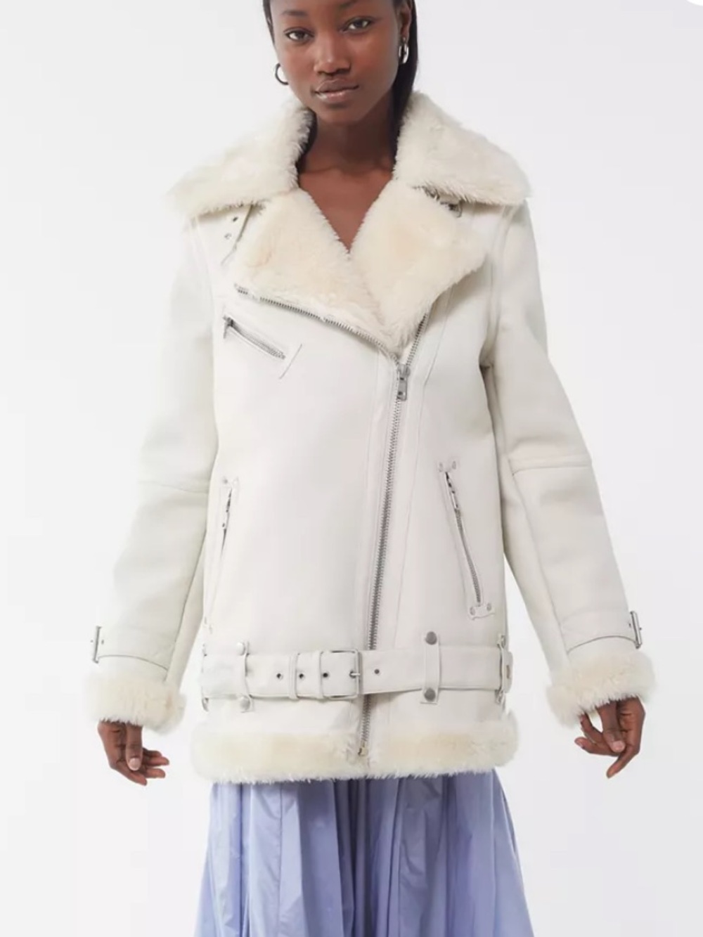 Avec Les Filles Womens Faux Shearling sherpa moto Jacket “Dove”oatmeal/light tan